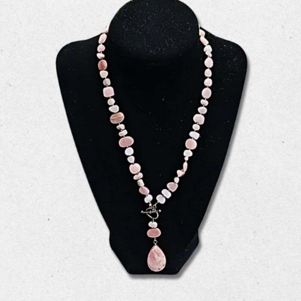 Vintage Stone Necklace Teardrop Opal Pendant Front Toggle Clasp Rose Pink W OS